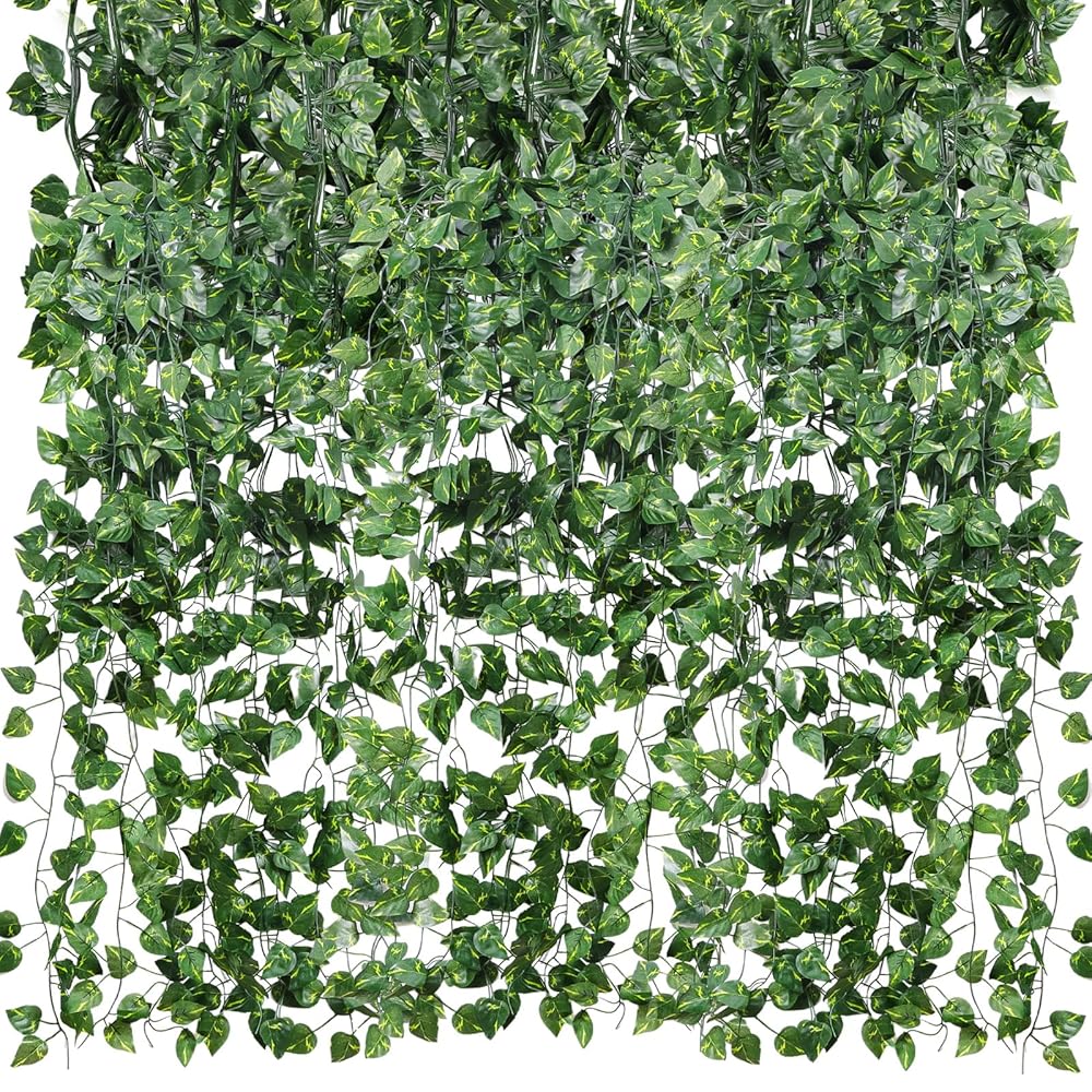 CEWOR 48 Pack 7 Feet Artificial Ivy Garlands, Fake Vines Greenery Hanging Plants Green Leaves Backdrop for Room Bedroom Wall Decor, Jungle Themed Party Wedding Decorations