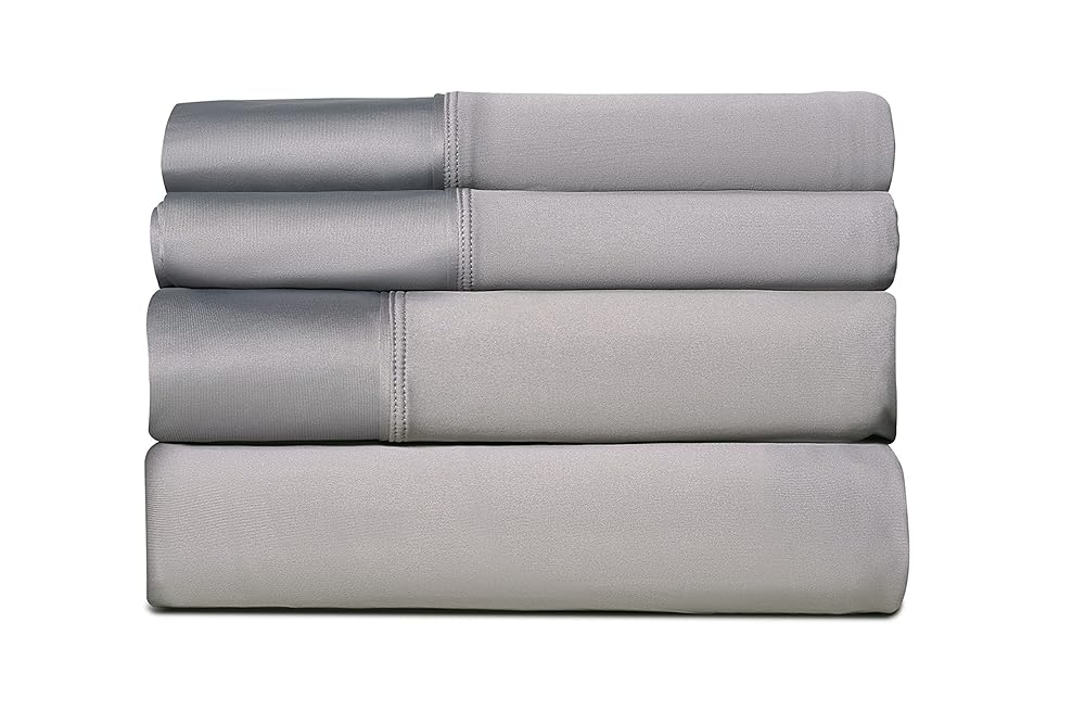 SHEEX - Active Comfort Cooling Sheets Set (Queen) Pewter - Moisture Wicking - 1 Flat Cooling Sheet, 1 Fitted Cooling Sheet, 2 Cooling Pillow Covers - Wrinkle Free - Sleep Aid