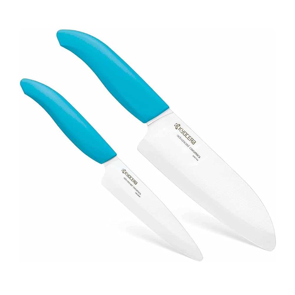 KYOCERA Revolution 2-Piece Ceramic Knife Set: Chef Knife For Your Cooking Needs, 5.5" Santoku and 4.5" Utility Knife, White Blades with Blue Handles, White/Blue