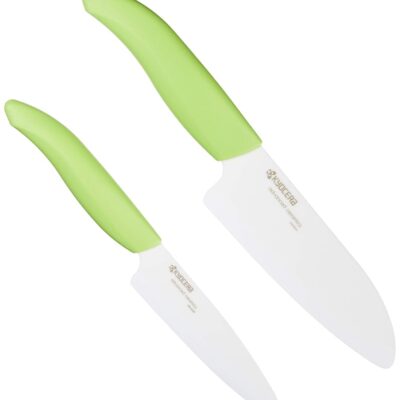 KYOCERA Revolution 2-Piece Ceramic Knife Set: Chef Knife For Your Cooking Needs, 5.5" Santoku and 4.5" Utility Knife, White Blades with Green Handles, White/Green